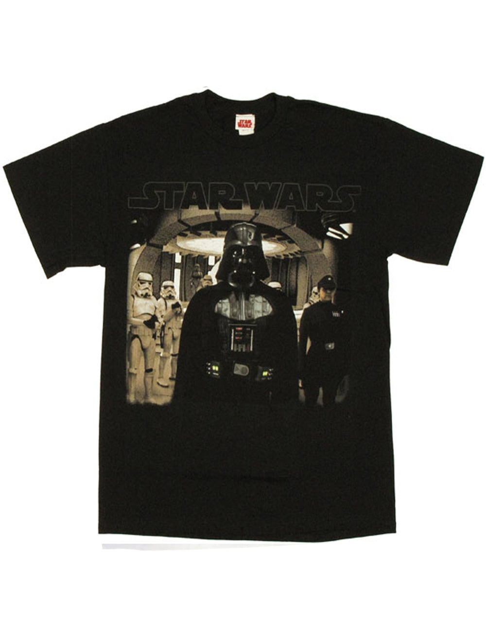 Darth Vader ready for battle graphic on a black adult t-shirt.