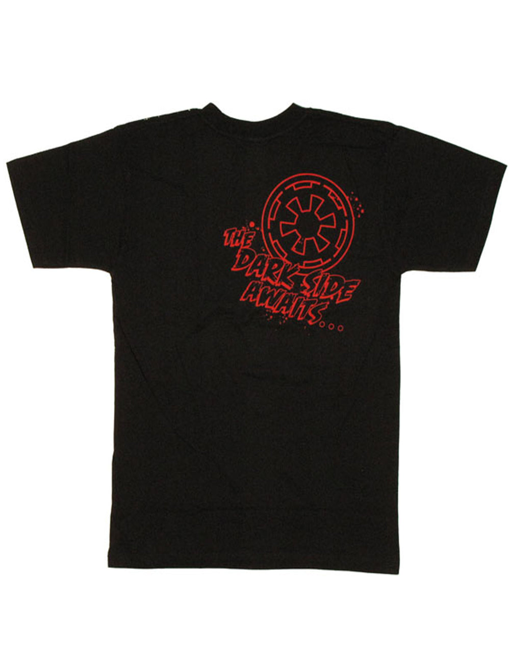 Darth Vader dark side awaits graphic on a black adult t-shirt.