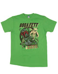 Boba Fett bounty hunter graphic on a green adult t-shirt.