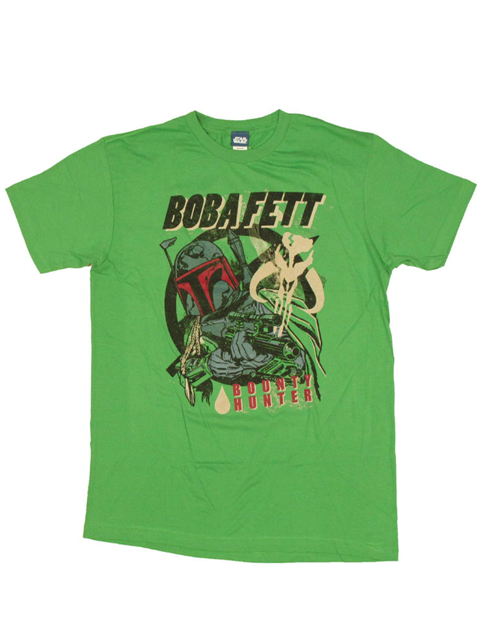 Boba Fett bounty hunter graphic on a green adult t-shirt.
