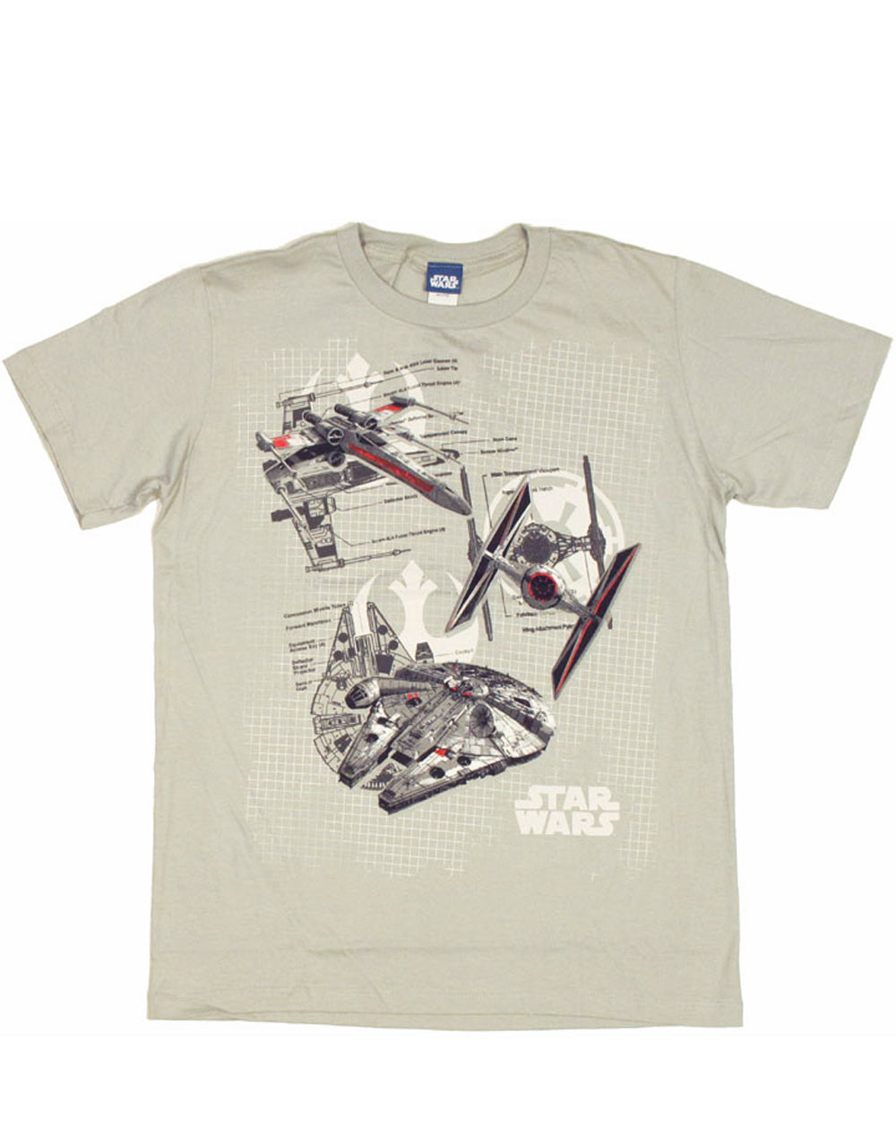 Star Wars ship diagrams graphic on a grey adult t-shirt.