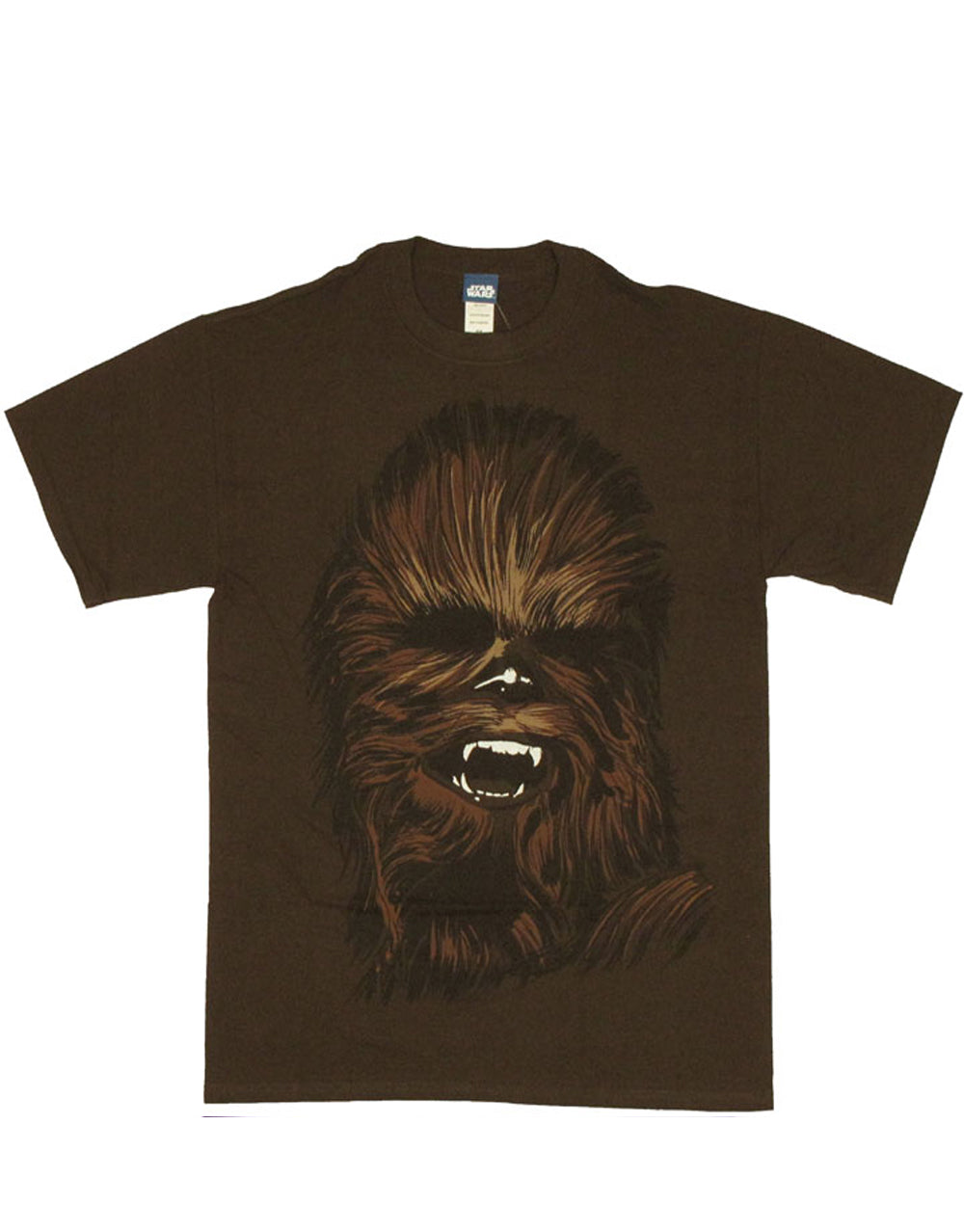 Chewbacca chewy face graphic on a brown adult t-shirt.