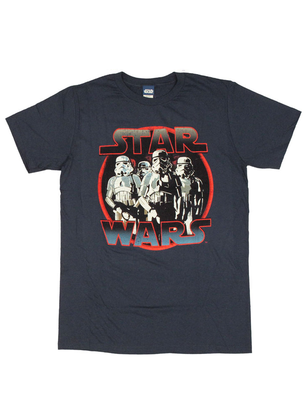 Stormtrooper quadtrooplets graphic on a blue adult t-shirt.