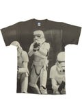 Stormtroopers open door graphic on a grey adult t-shirt.