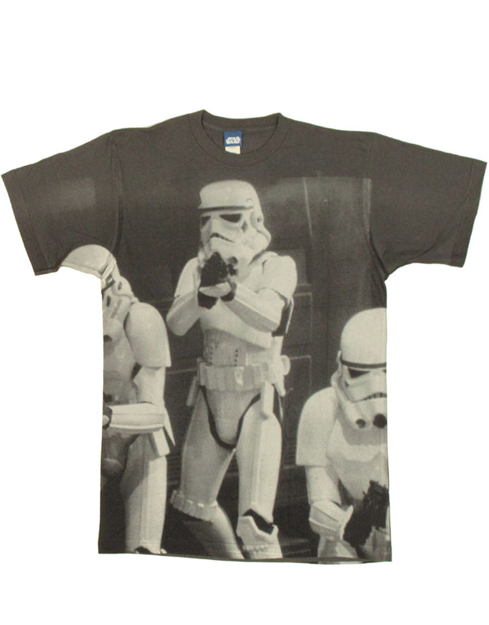 Stormtroopers open door graphic on a grey adult t-shirt.