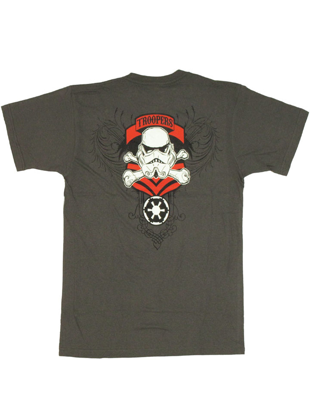 Stormtroopers open door graphic on a grey adult t-shirt.