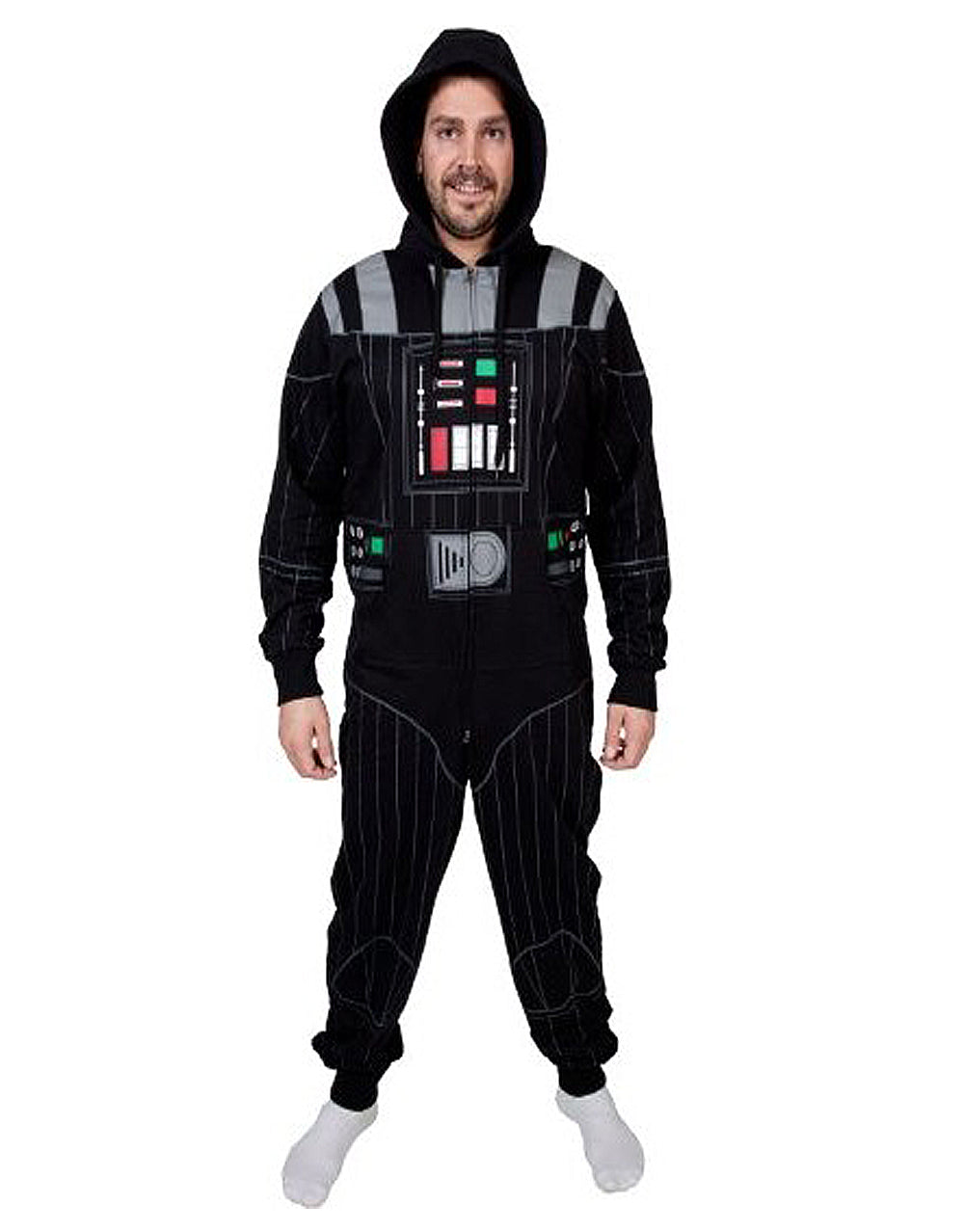 Star Wars Darth Vader onesie pyjama jumpsuit graphic on a black adult loungewear.
