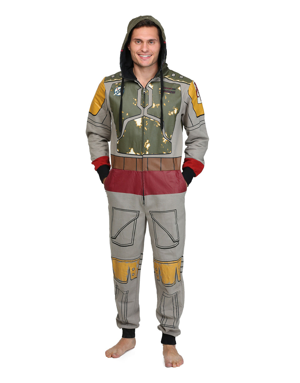 Star Wars Boba Fett onesie pyjama jumpsuit graphic on a grey adult loungewear.