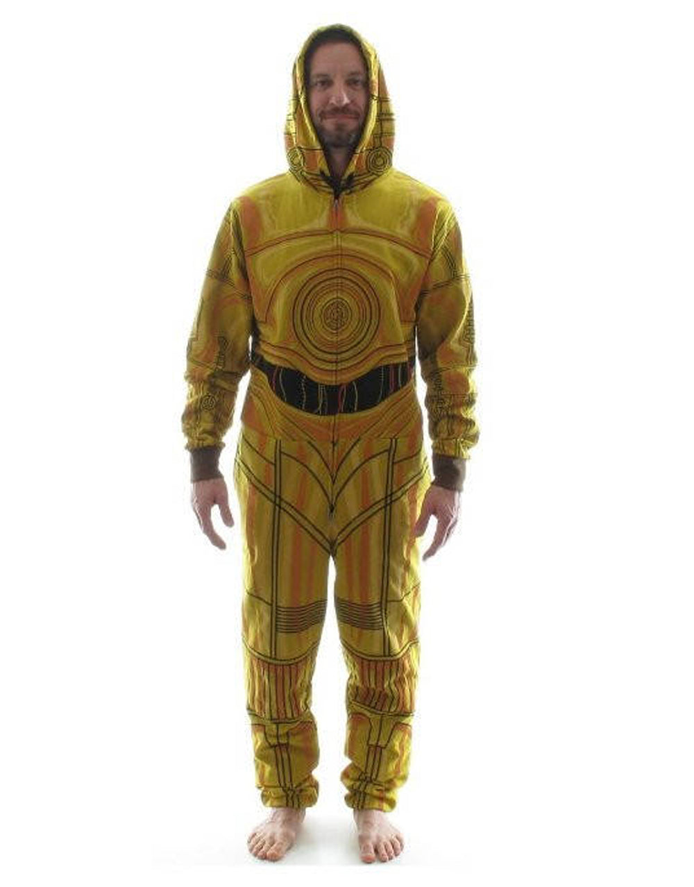 Star Wars C3PO onesie pyjama jumpsuit graphic on a gold adult loungewear.