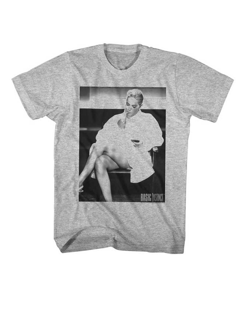 Basic Instinct Catherine Tramell graphic on a heathered grey adult t-shirt.
