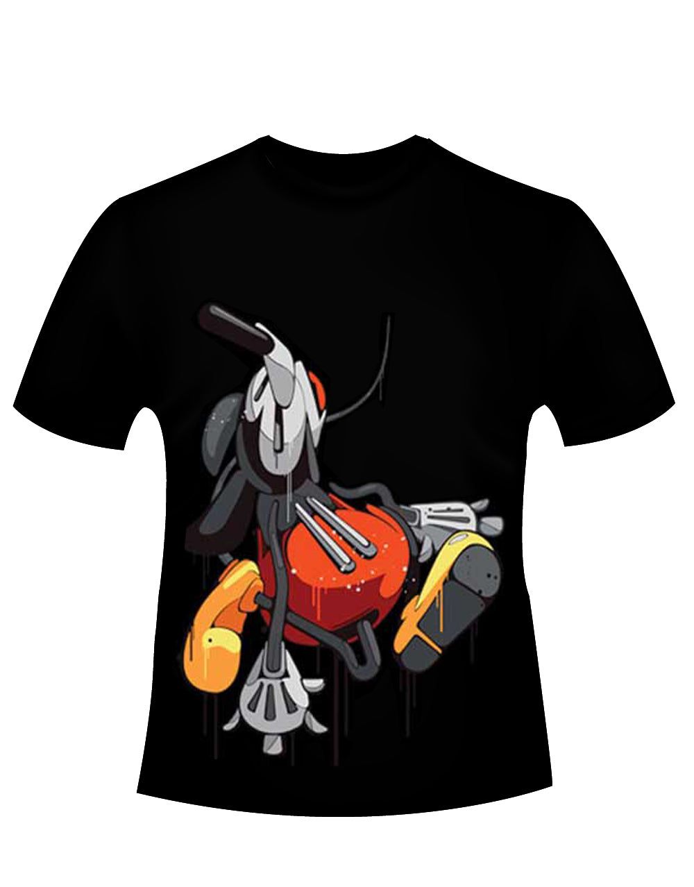 Mickey acid drip graphic on a black adult t-shirt.