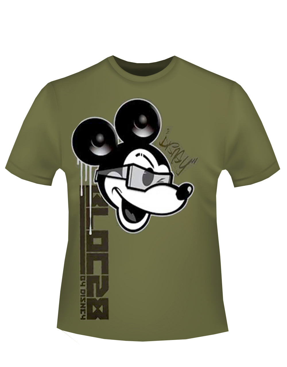 Mickey sunglasses graphic on a green adult t-shirt.