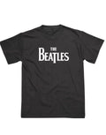The Beatles logo graphic on a black adult t-shirt.