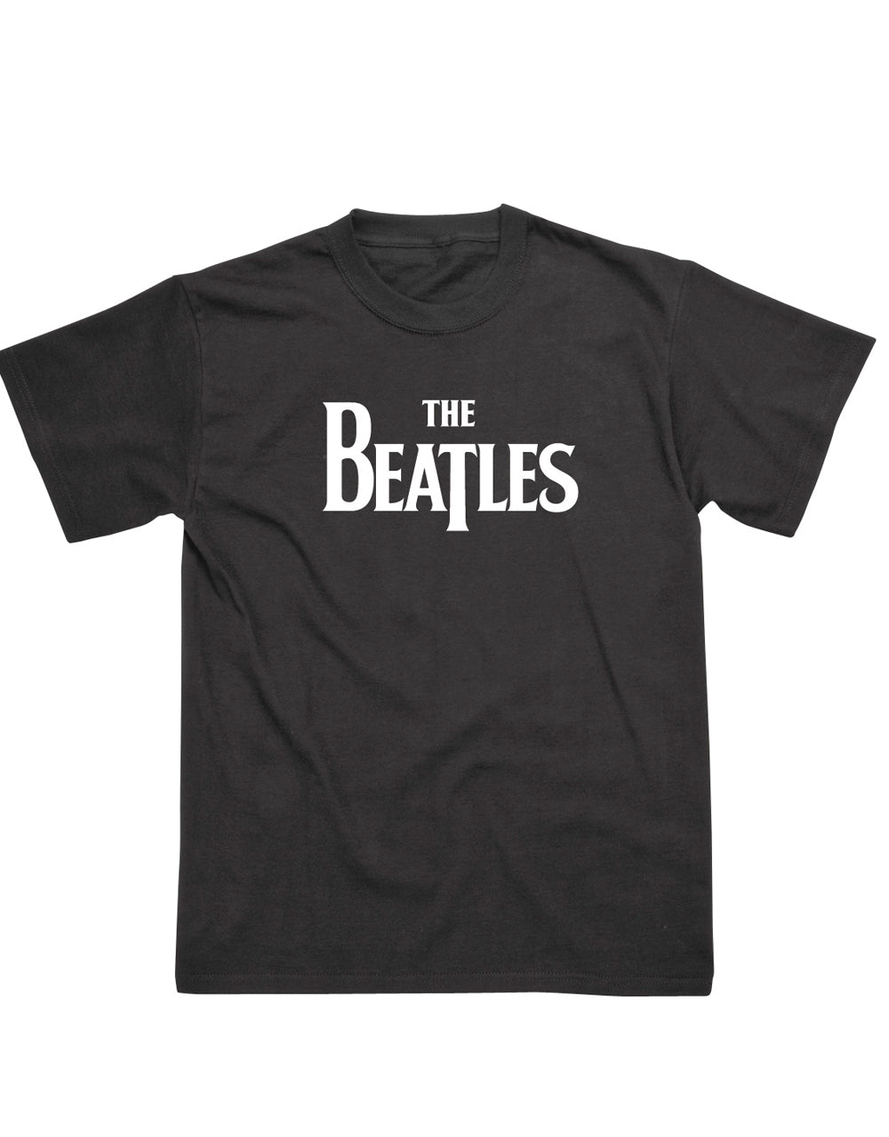 The Beatles logo graphic on a black adult t-shirt.