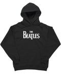 The Beatles logo graphic on a black adult hoodie.
