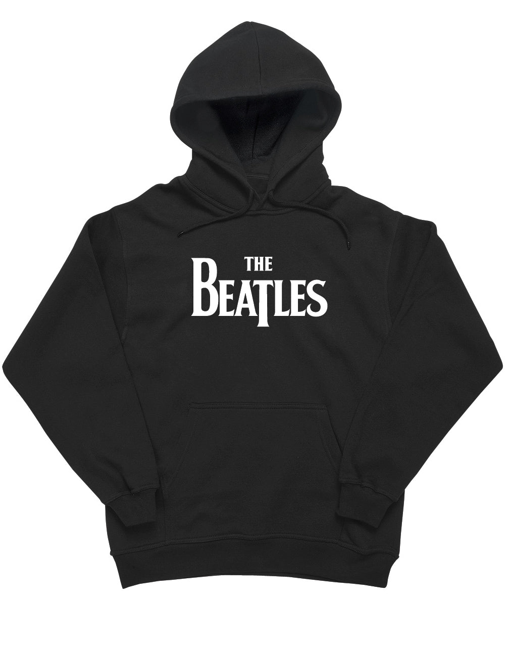 The Beatles logo graphic on a black adult hoodie.