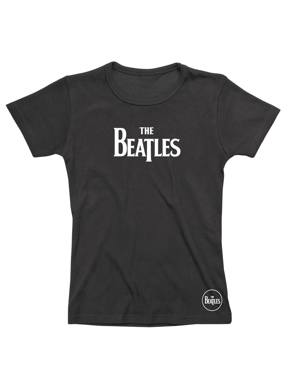 The Beatles logo graphic on a black women's t-shirt.