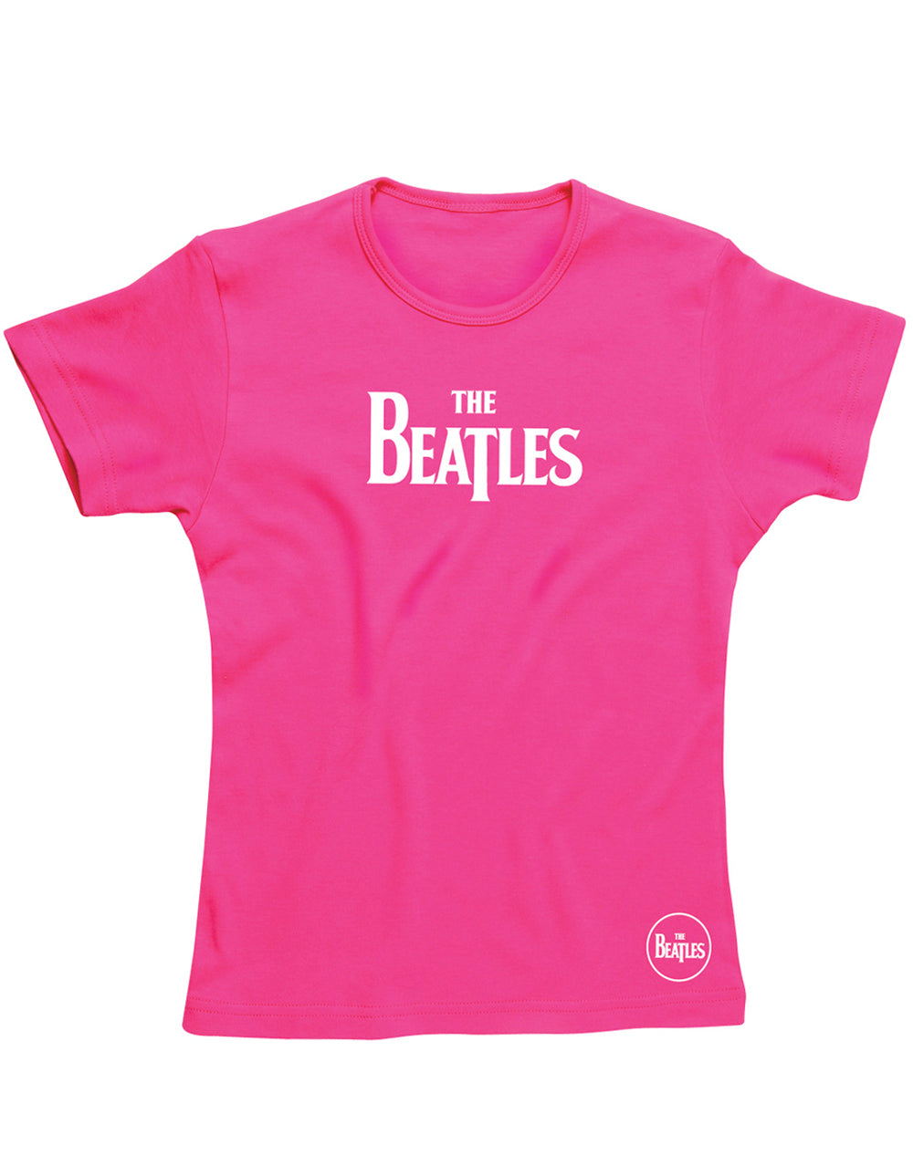 The Beatles logo graphic on a pink women's t-shirt.