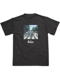 The Beatles Abbey Road graphic on a black adult t-shirt.