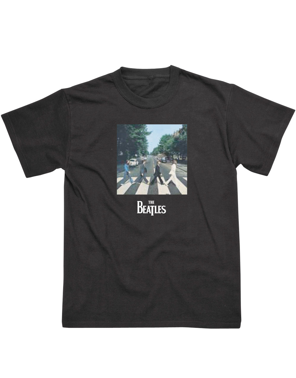The Beatles Abbey Road graphic on a black adult t-shirt.