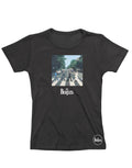 The Beatles Abbey Road graphic on a black women's t-shirt.