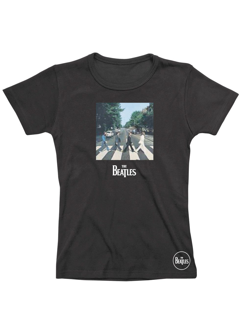 The Beatles Abbey Road graphic on a black women's t-shirt.