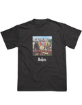 The Beatles Sgt. Pepper graphic on a black adult t-shirt.