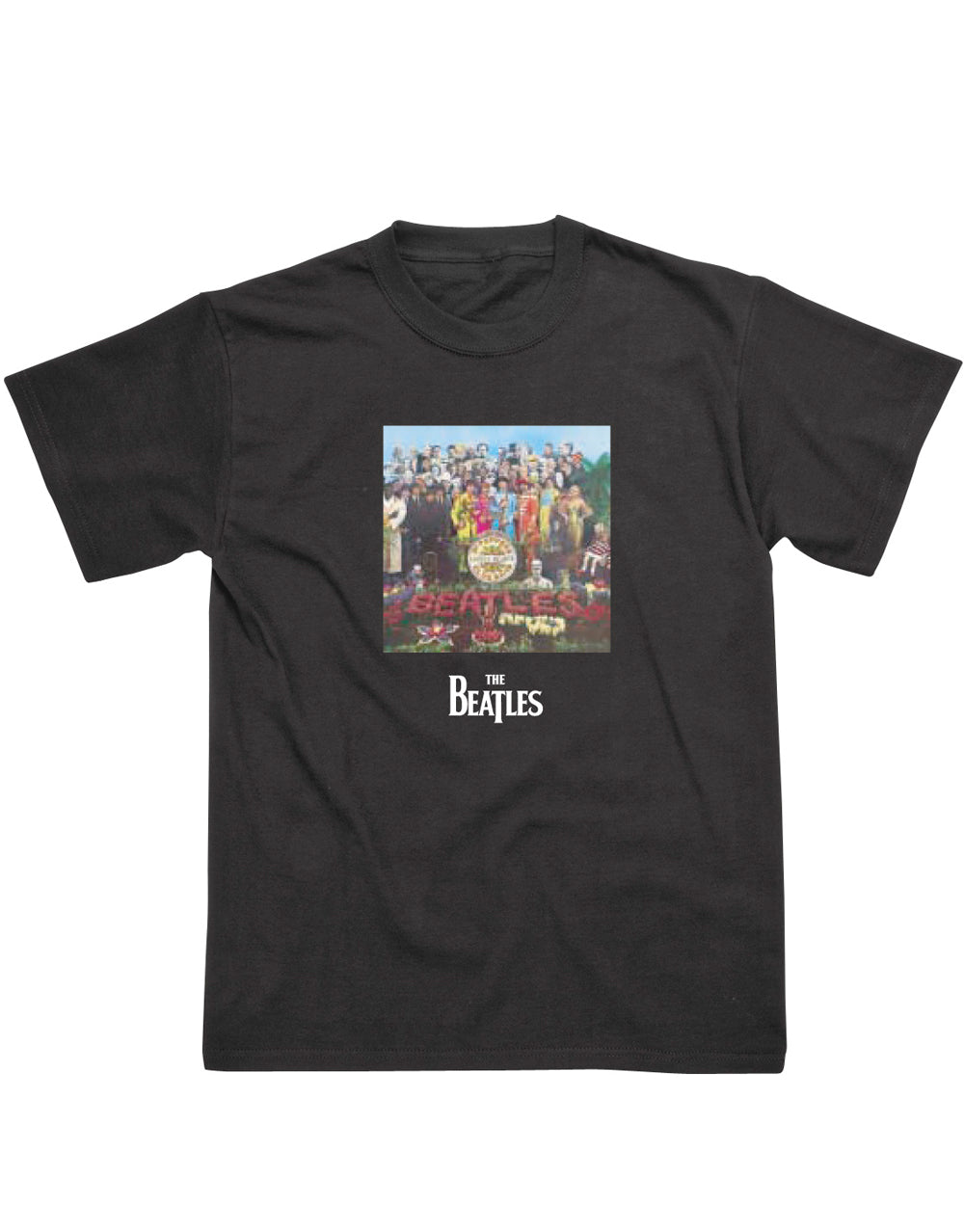 The Beatles Sgt. Pepper graphic on a black adult t-shirt.