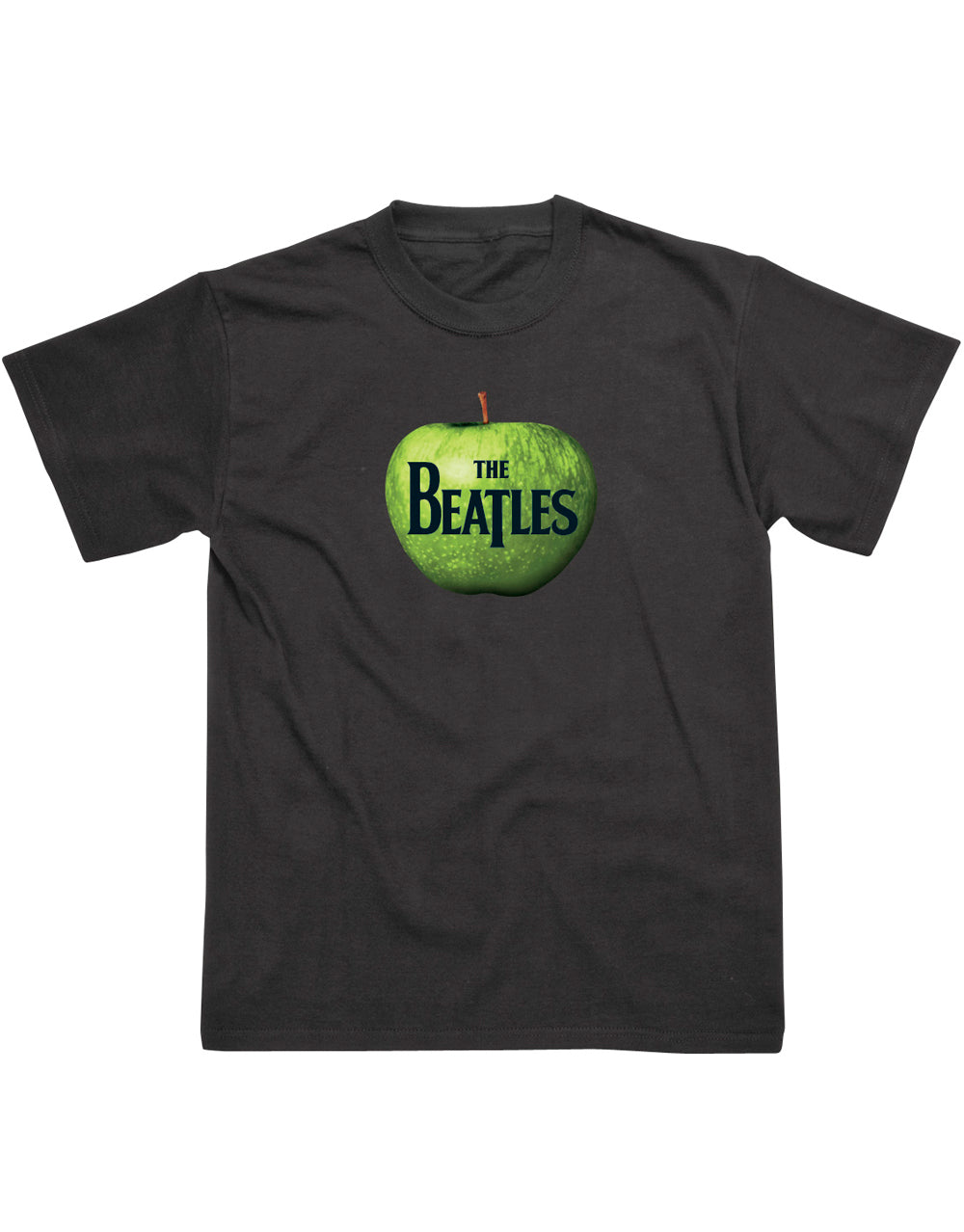 The Beatles apple graphic on a black adult t-shirt.