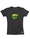 The Beatles apple graphic on a black women's t-shirt.