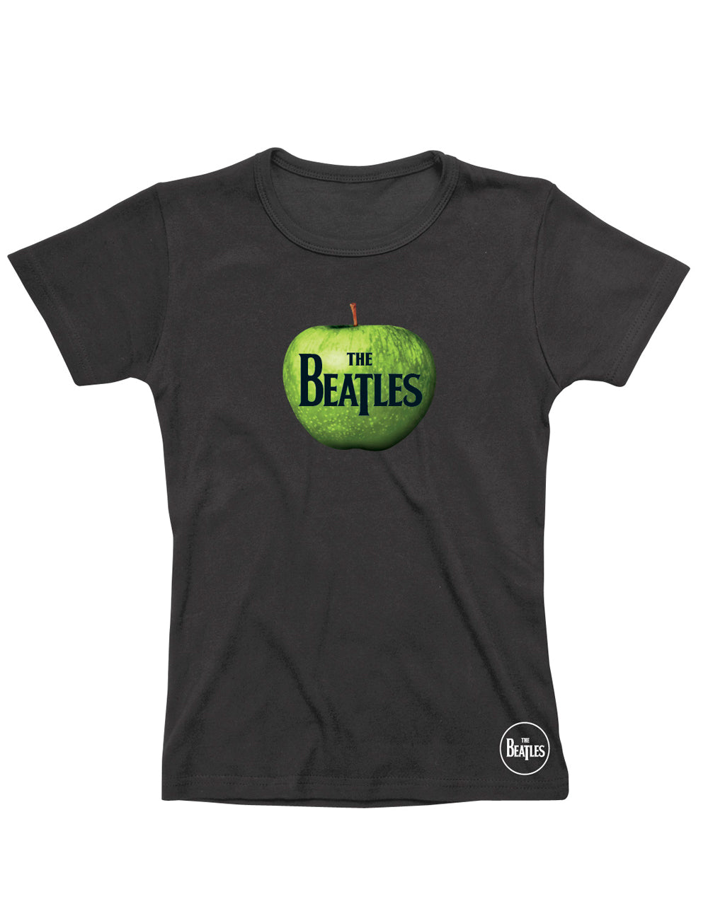The Beatles apple graphic on a black women's t-shirt.