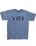 The Beatles help graphic on a blue adult t-shirt.