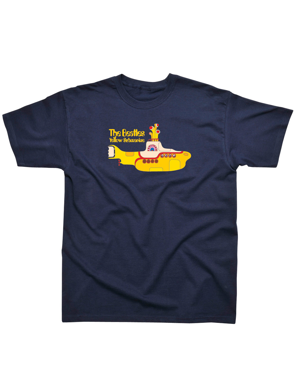 The Beatles Yellow Submarine graphic on a navy blue adult t-shirt.