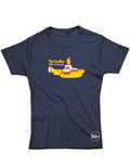 The Beatles Yellow Submarine graphic on a navy blue women's t-shirt.