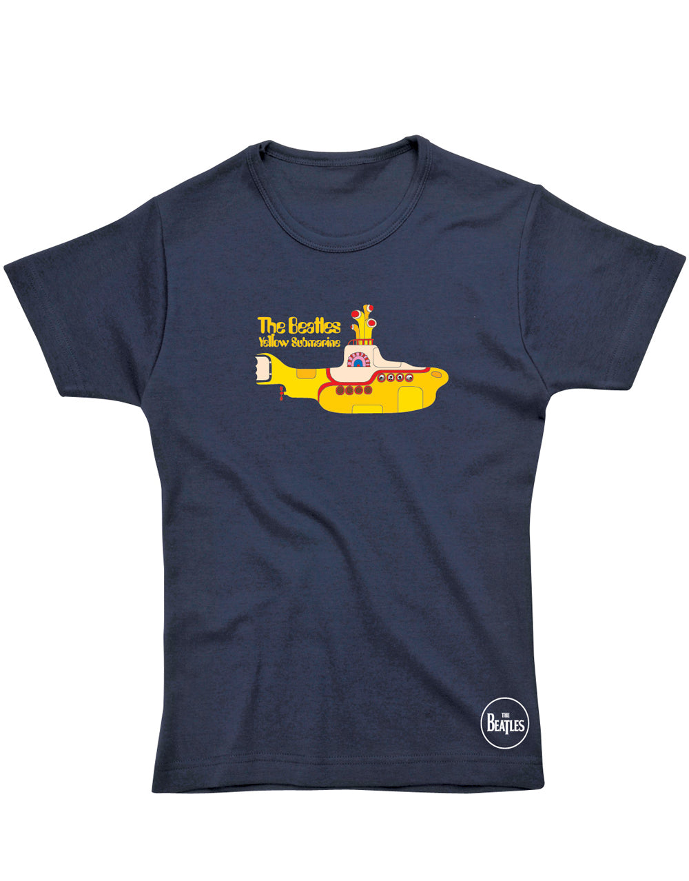 The Beatles Yellow Submarine graphic on a navy blue women's t-shirt.