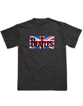 The Beatles Union Jack graphic on a black adult t-shirt.
