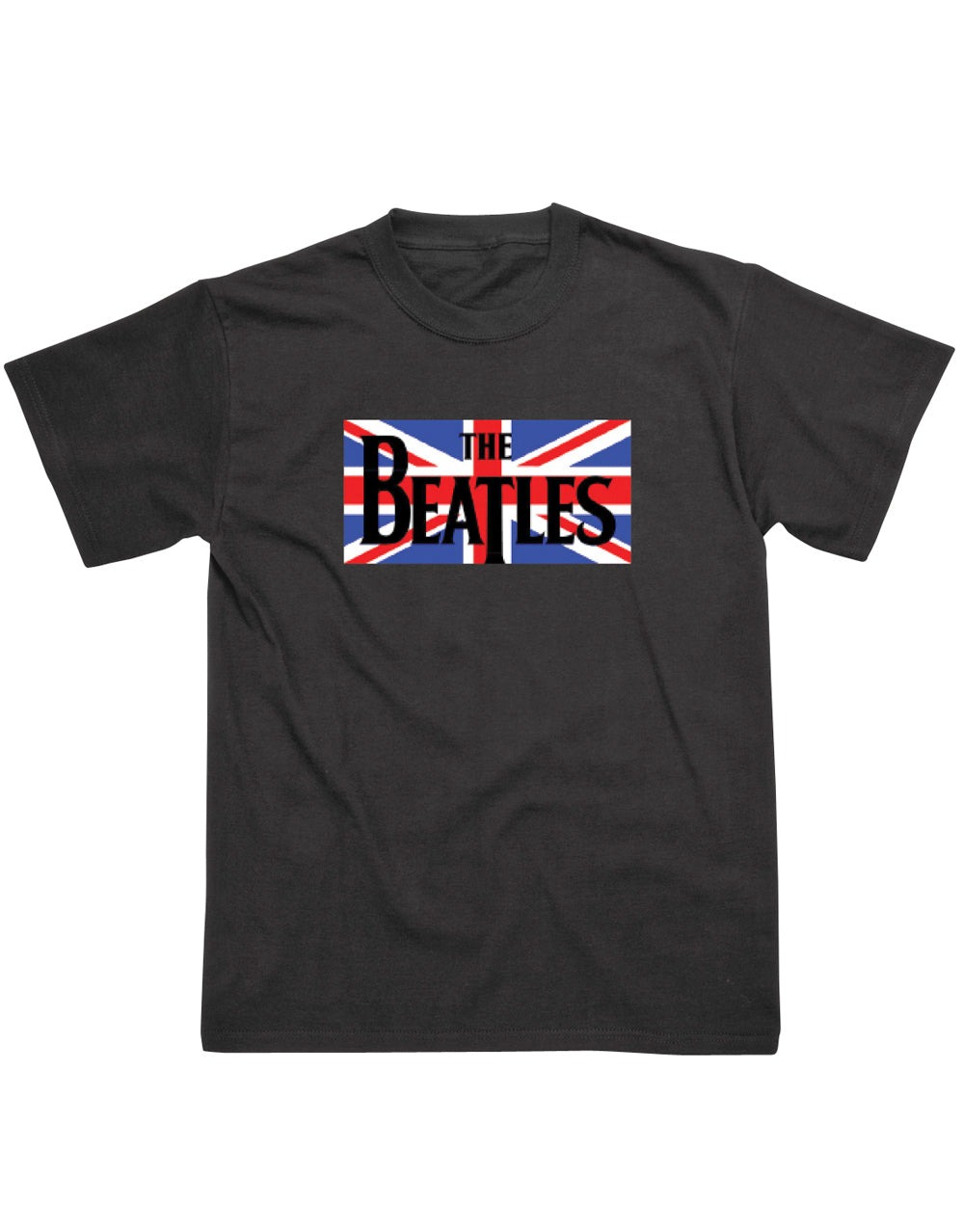 The Beatles Union Jack graphic on a black adult t-shirt.