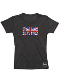 The Beatles Union Jack graphic on a black women's t-shirt.