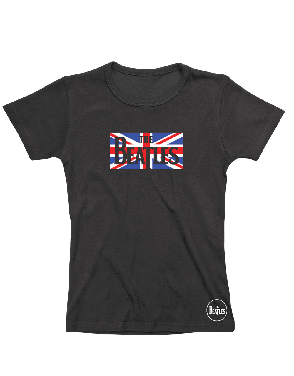 The Beatles Union Jack graphic on a black women's t-shirt.