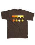 The Beatles retro chocolate graphic on a brown adult t-shirt.