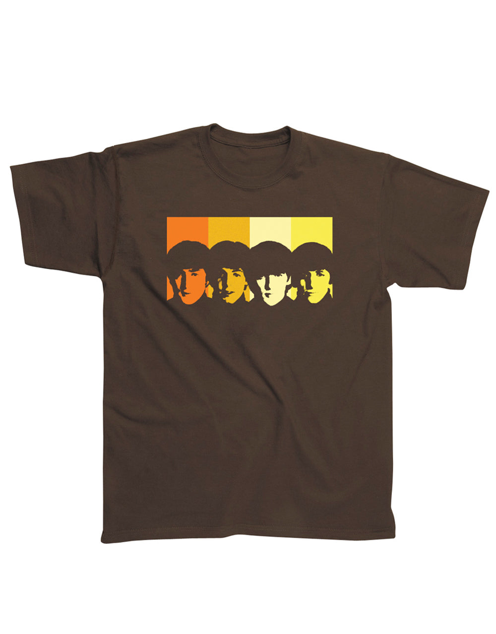 The Beatles retro chocolate graphic on a brown adult t-shirt.