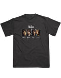 The Beatles signatures graphic on a black adult t-shirt.