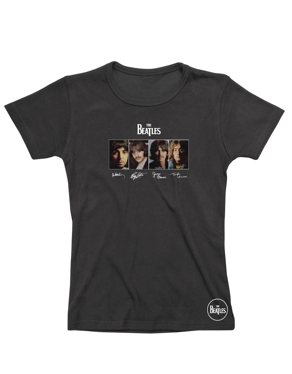 The Beatles signature graphic on a black women's t-shirt.