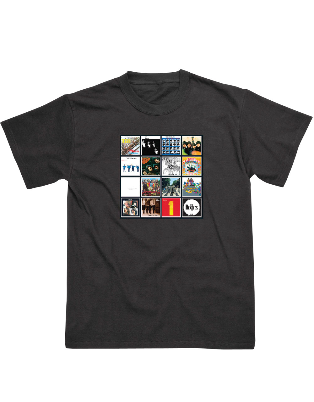 The Beatles album covers graphic on a black adult t-shirt.