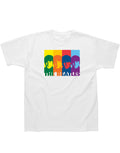 The Beatles retro rainbow graphic on a white adult t-shirt.