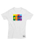 The Beatles retro rainbow graphic on a white women's t-shirt.