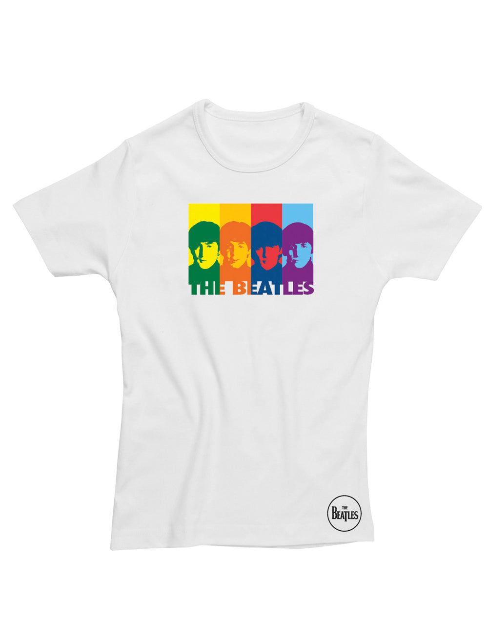 The Beatles retro rainbow graphic on a white women's t-shirt.