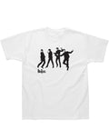 The Beatles jumping graphic on a white adult t-shirt.