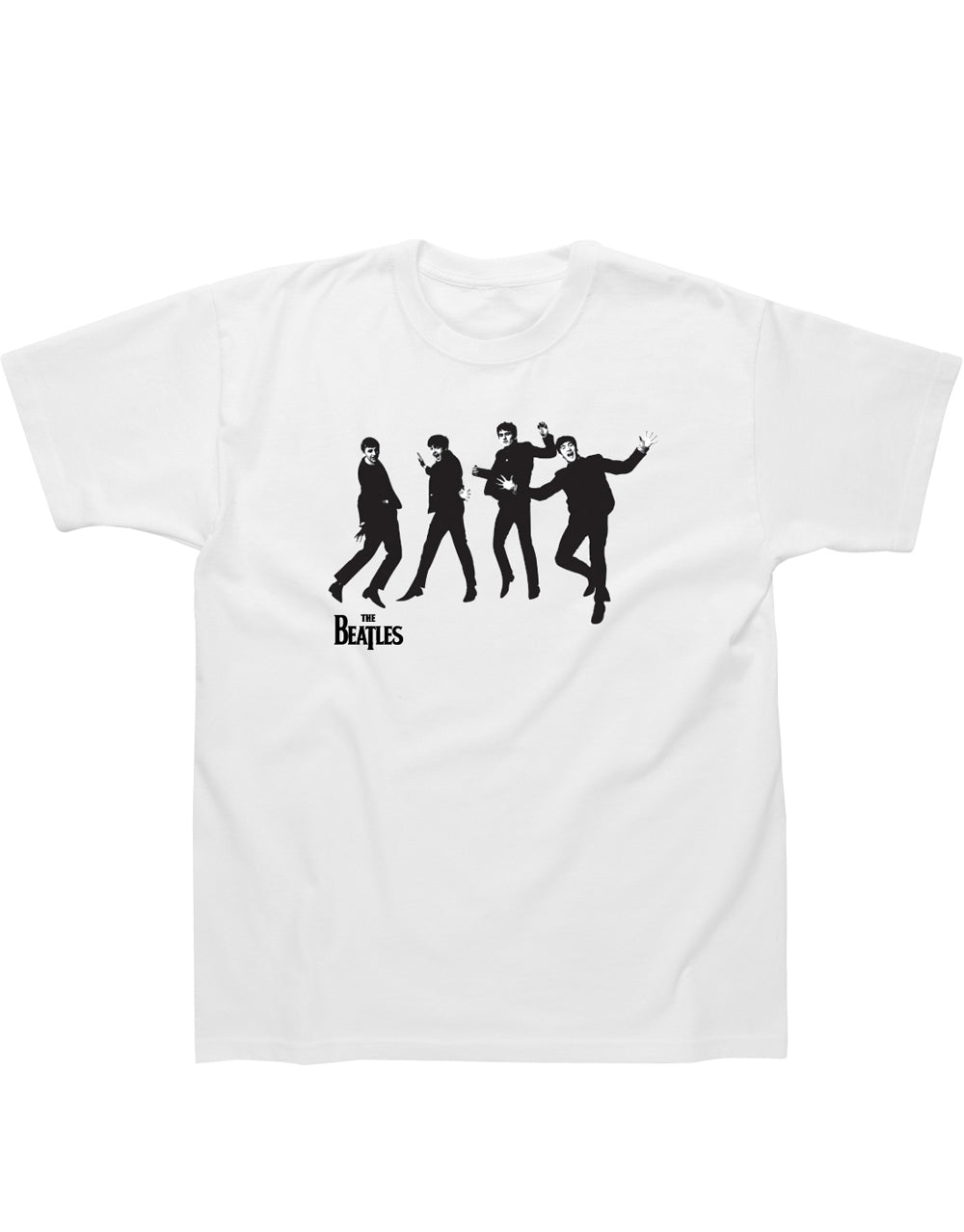 The Beatles jumping graphic on a white adult t-shirt.