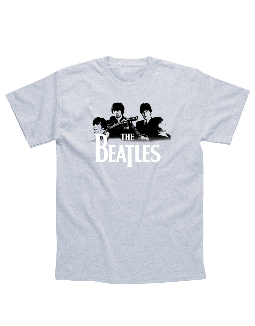 The Beatles band graphic on a grey adult t-shirt.